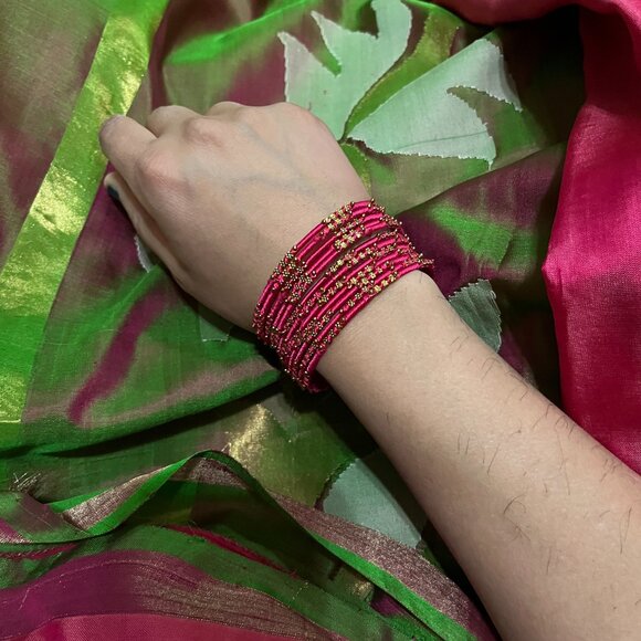 hot pink rani pink and gold silk thread bangle set Desi Wedding haldi - Picture 8 of 12